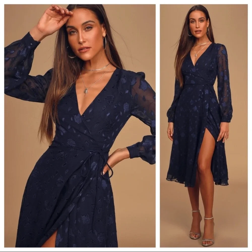 NWOT Lulus Evening of Elegance Navy Blue Floral Jacquard Wrap Midi Dress